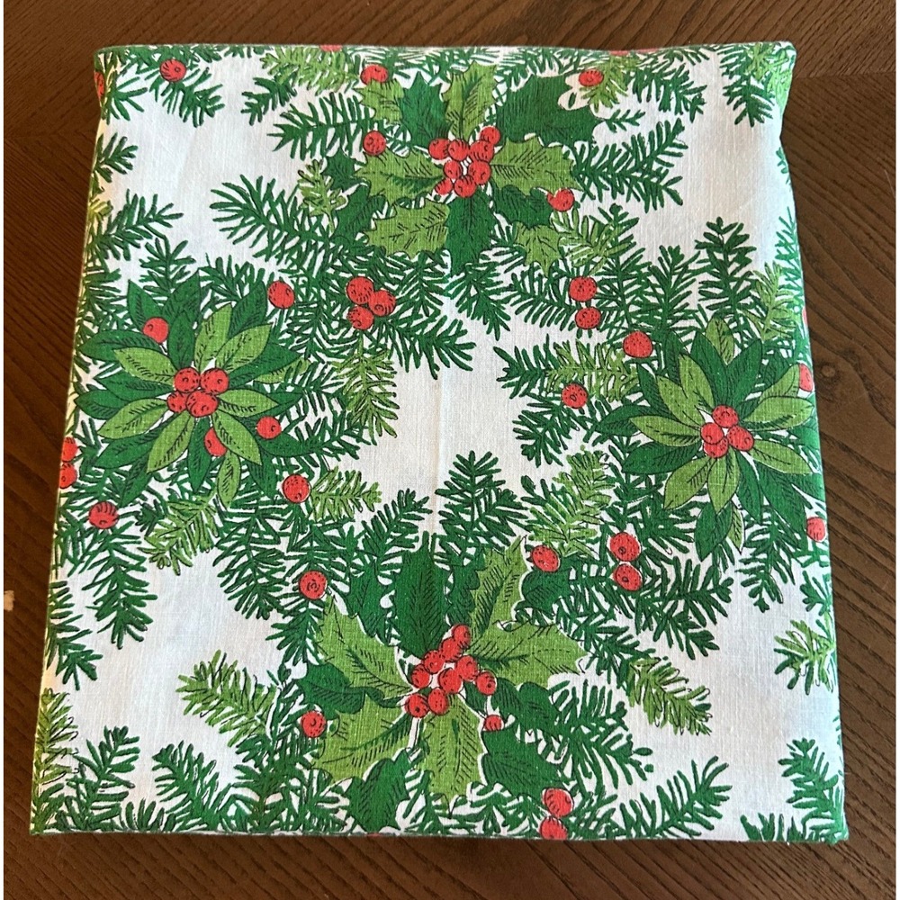 Vtg Christmas Tablecloth Holly Berry Pine Evergreen Holiday 108x72 Rectangular